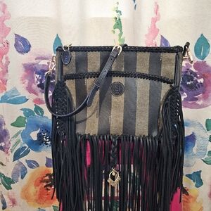 Fendi Black and Tan Striped Fringe Crossbody Bag